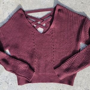 Aeropostale Women's Burgundy V-Neck Cross-Back Sweater